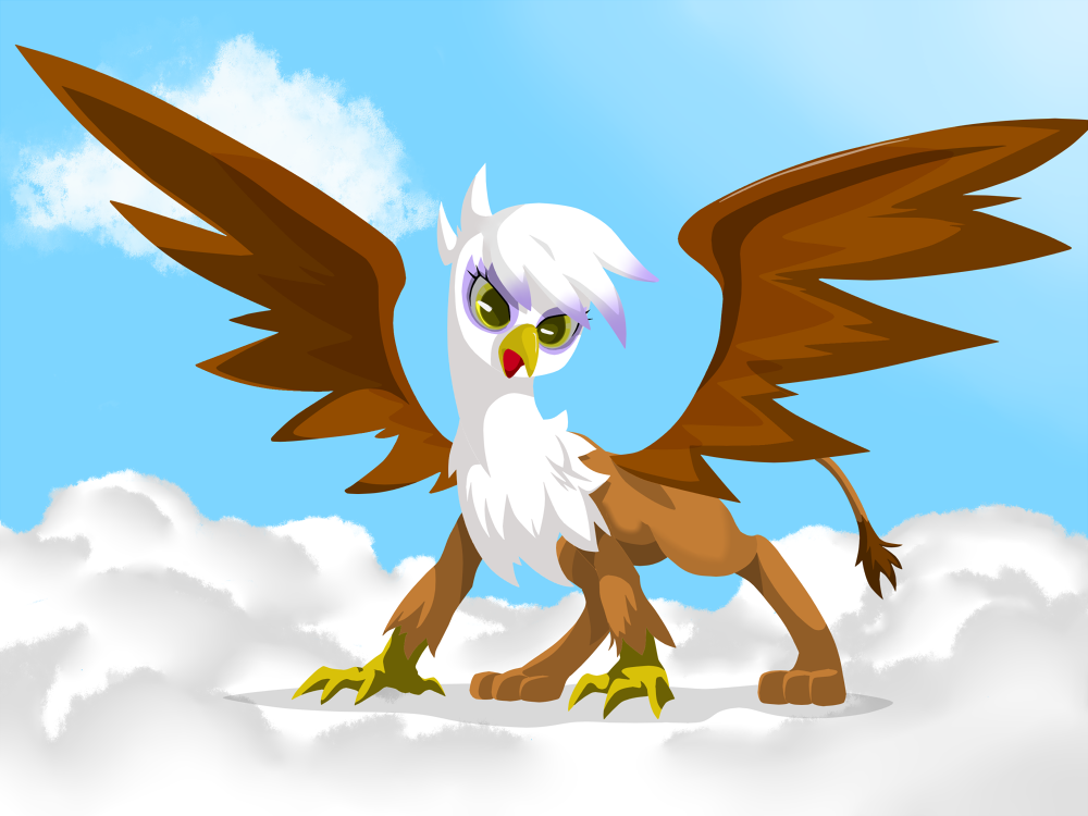 8-&gt; avian beak cloud female feral friendship_is_magic gilda_(mlp) gryphon looking_at_viewer my_little_pony open_mouth solo wings yellow_eyes