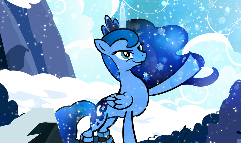 blue_eyes boots crown cutie_mark equine female feral friendship_is_magic horn horse mammal my_little_pony pixelkitties pony princess_luna_(mlp) snow snowing snowstorm solo sparkles winged_unicorn wings