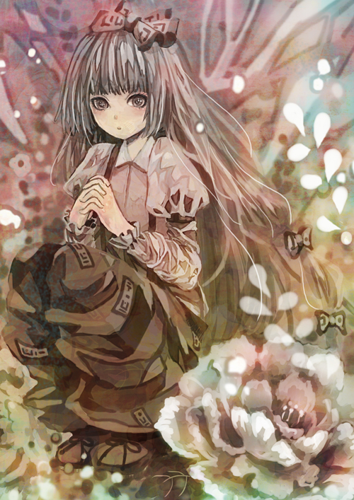 armband bow flower fujiwara_no_mokou grey_eyes grey_hair hair_bow hair_ribbon hands_clasped juliet_sleeves kanro_(dear27) light_particles long_hair long_sleeves looking_at_viewer ofuda own_hands_together pants puffy_sleeves ribbon solo squatting suspenders touhou very_long_hair