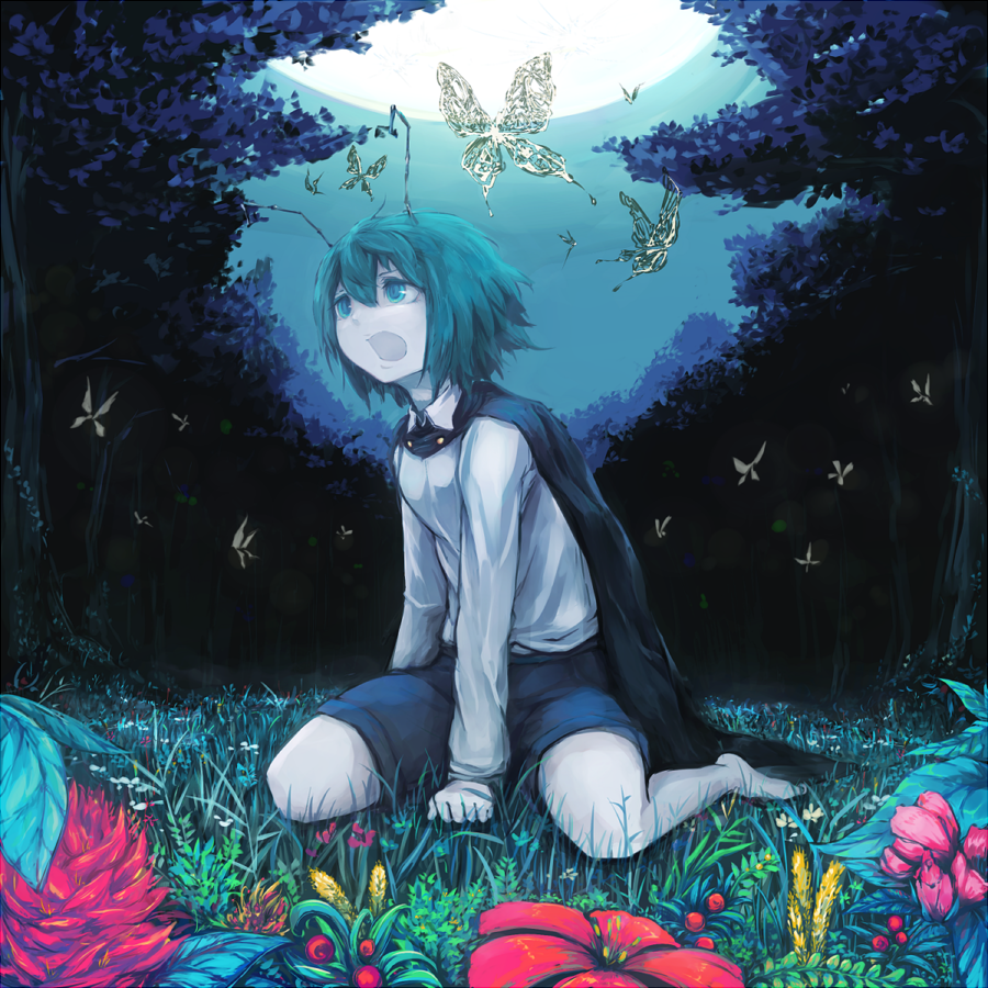 antennae barefoot blue_eyes bug butterfly cape flower full_moon green_hair insect moon open_mouth short_hair shorts sitting solo touhou wariza wriggle_nightbug yoss_3