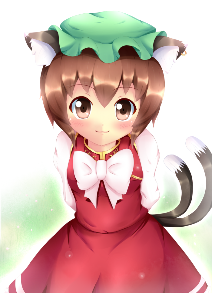 :3 animal_ears arms_behind_back blush bow brown_hair cat_ears cat_tail chen dress gradient gradient_background hat high_collar jewelry kane-neko light_particles long_sleeves looking_at_viewer multiple_tails red_dress ribbon short_hair simple_background single_earring solo tail touhou