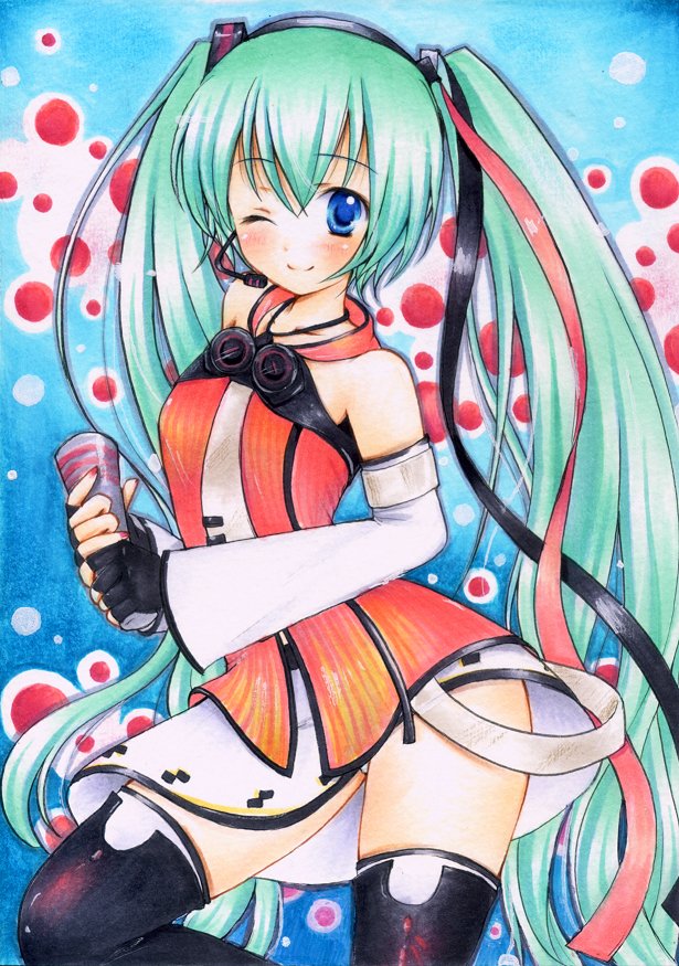 blue_eyes detached_sleeves freely_tomorrow_(vocaloid) green_hair hatsune_miku headset long_hair marker_(medium) my_(mylilla811) one_eye_closed panties pantyshot pastel_(medium) project_diva_(series) project_diva_f skirt smile solo thighhighs traditional_media twintails underwear very_long_hair vocaloid watercolor_pencil_(medium)