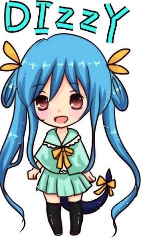 artist_request blue_hair blush bow dizzy guilty_gear hair_bow long_hair lowres open_mouth ribbon smile solo tail tail_ribbon thighhighs twintails