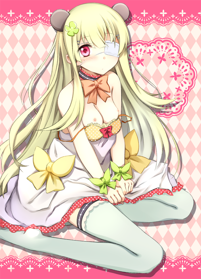 animal_ears argyle argyle_background bare_shoulders blonde_hair blush bow bra breasts dress eyepatch fake_animal_ears frills garters hair_ornament jas_(annkoromochi) long_hair medium_breasts nipples no_shoes original polka_dot polka_dot_bra red_eyes sitting solo strap_slip thighhighs underwear v_arms wardrobe_malfunction white_legwear yokozuwari