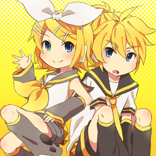 1girl between_legs blonde_hair blue_eyes bow brother_and_sister detached_sleeves hair_bow hair_ornament hair_ribbon hairclip hand_between_legs headphones kagamine_len kagamine_rin leg_warmers necktie open_mouth reki_(arequa) ribbon sailor_collar short_hair shorts siblings smile twins vocaloid waving yellow_background yellow_neckwear