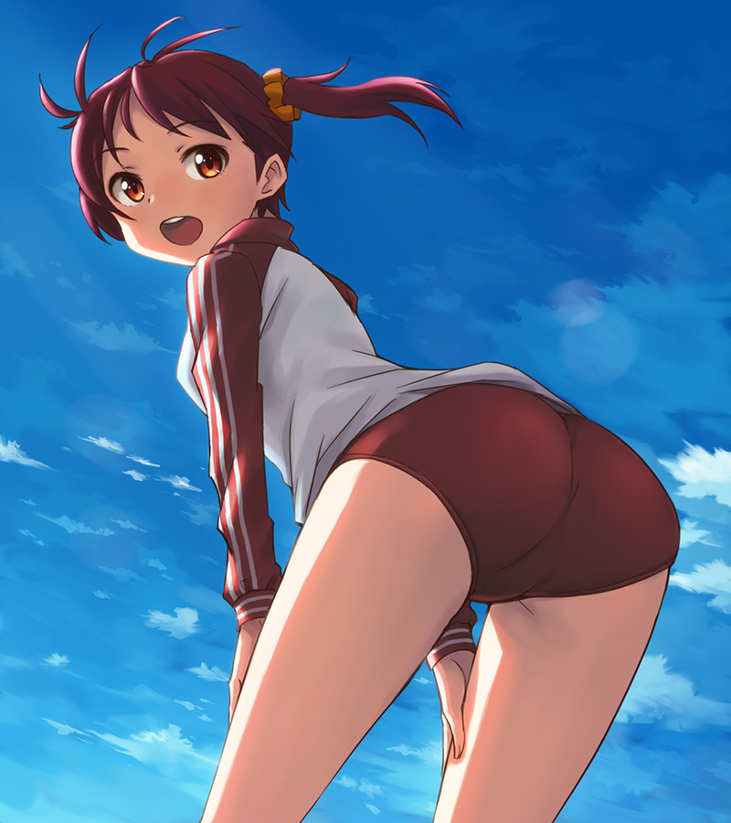 :d antenna_hair ass bent_over brown_eyes buruma cloud day from_behind hands_on_thighs hashi isshiki_akane jacket looking_back open_mouth red_hair scrunchie short_hair sky smile solo track_jacket twintails vividred_operation