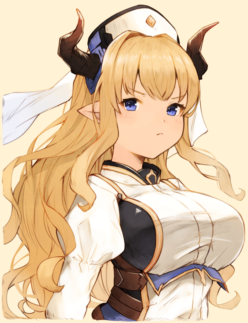 &gt;:t :t bangs blonde_hair blue_eyes blush breasts closed_mouth commentary_request draph eyebrows_visible_through_hair granblue_fantasy highres horns juliet_sleeves koretsuki_azuma long_hair long_sleeves looking_at_viewer medium_breasts pointy_ears pout puffy_sleeves rastina sidelocks simple_background solo upper_body v-shaped_eyebrows very_long_hair wavy_mouth yellow_background