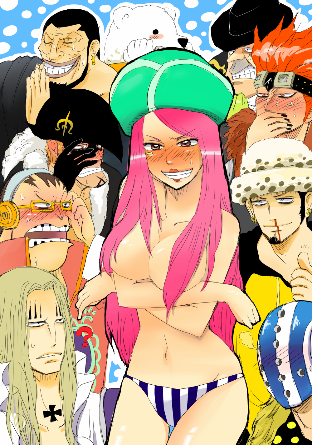 asdge23 basil_hawkins bepo bikini_bottom black_hair blonde_hair blush breasts capone_gang_bege censored confused convenient_censoring earrings eustass_captain_kid fedora hair_over_breasts hat highres jewelry jewelry_bonney killer_(one_piece) large_breasts lipstick makeup one_piece pink_hair praying red_hair scratchmen_apoo sweat topless trafalgar_law urouge x_drake