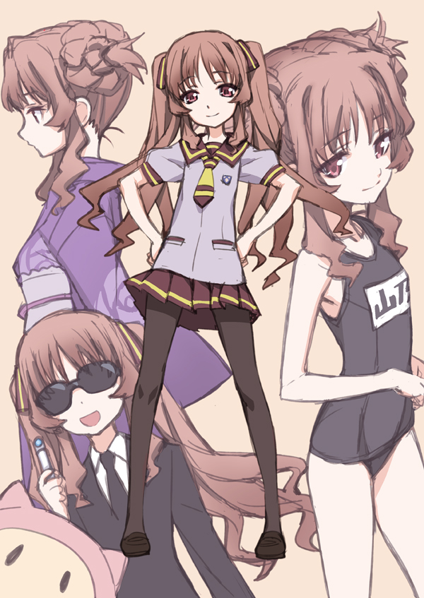 :d ano_natsu_de_matteru bad_id bad_pixiv_id bare_shoulders black_legwear brown_hair formal glasses hair_ribbon hair_up hands_on_hips japanese_clothes kimono long_hair looking_at_viewer matsuryuu men_in_black necktie neuralyzer obi old_school_swimsuit one-piece_swimsuit open_mouth pantyhose petite pleated_skirt red_eyes ribbon rinon_(ano_natsu_de_matteru) sash school_swimsuit school_uniform sketch skirt smile solo suit sunglasses swimsuit twintails yamano_remon