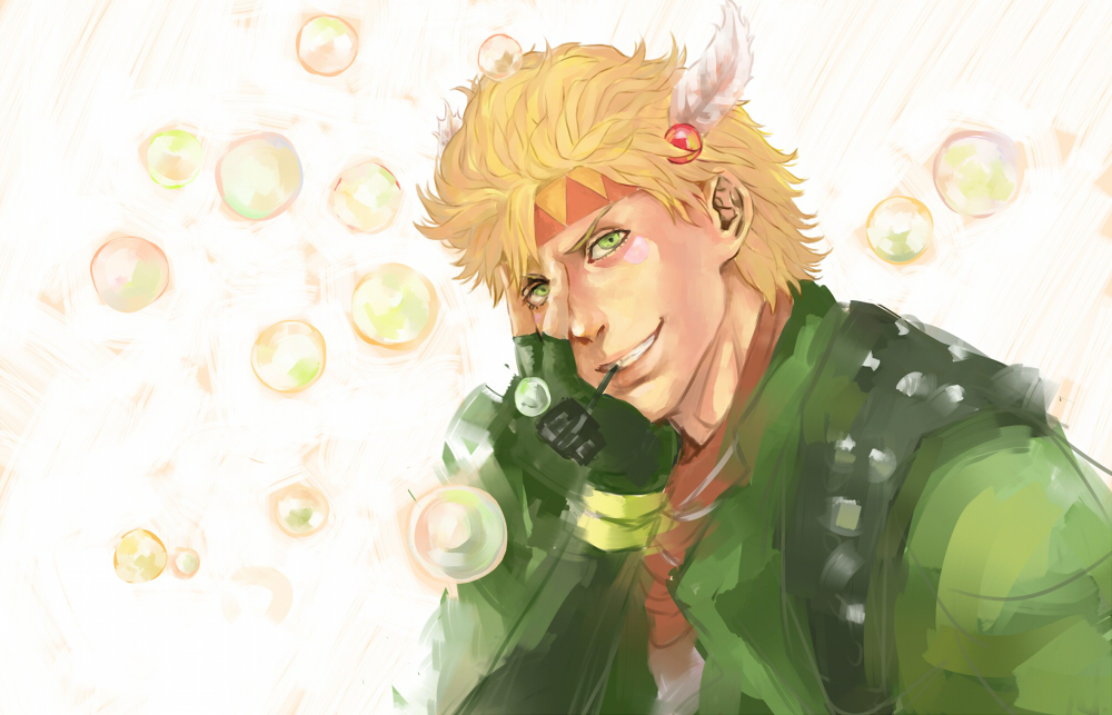 bad_id bad_pixiv_id blonde_hair bubble bubble_blowing caesar_anthonio_zeppeli facial_mark feathers fingerless_gloves gloves green_eyes green_jacket hair_feathers hand_on_own_face jacket jojo_no_kimyou_na_bouken male_focus pipe solo youbitch
