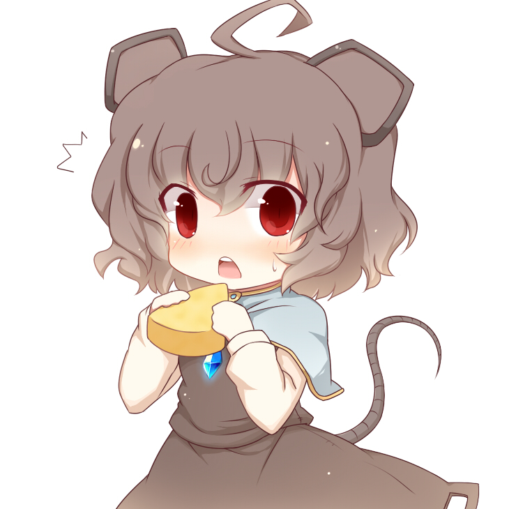 1girl animal_ears bad_id bad_pixiv_id cheese food fuuen_(akagaminanoka) looking_at_viewer mouse_ears mouse_tail nazrin open_mouth red_eyes short_hair simple_background solo tail touhou white_background