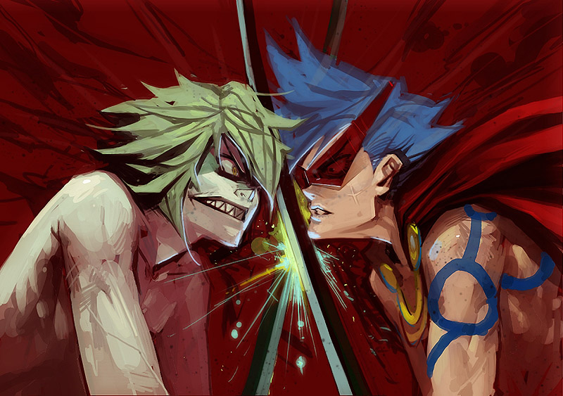 adiyos angry battle blonde_hair blue_hair bodypaint cape clash duel glasses kamina kamina_shades male_focus multiple_boys sharp_teeth shirtless sword teeth tengen_toppa_gurren_lagann viral weapon