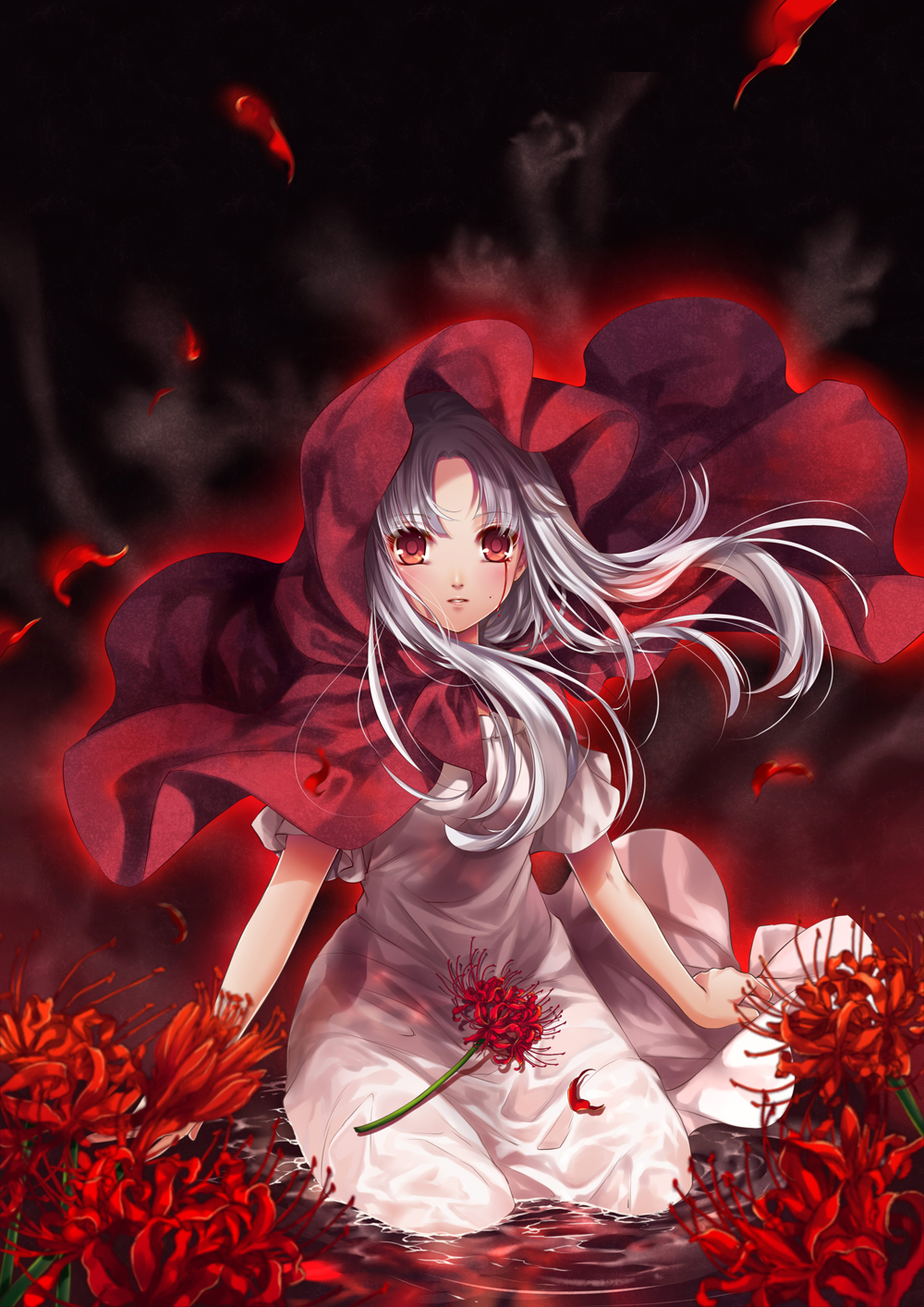 blood bloody_tears elysion flower highres hood kingchenxi lafrenze long_hair parted_lips partially_submerged red_eyes solo sound_horizon spider_lily wet wet_clothes white_hair