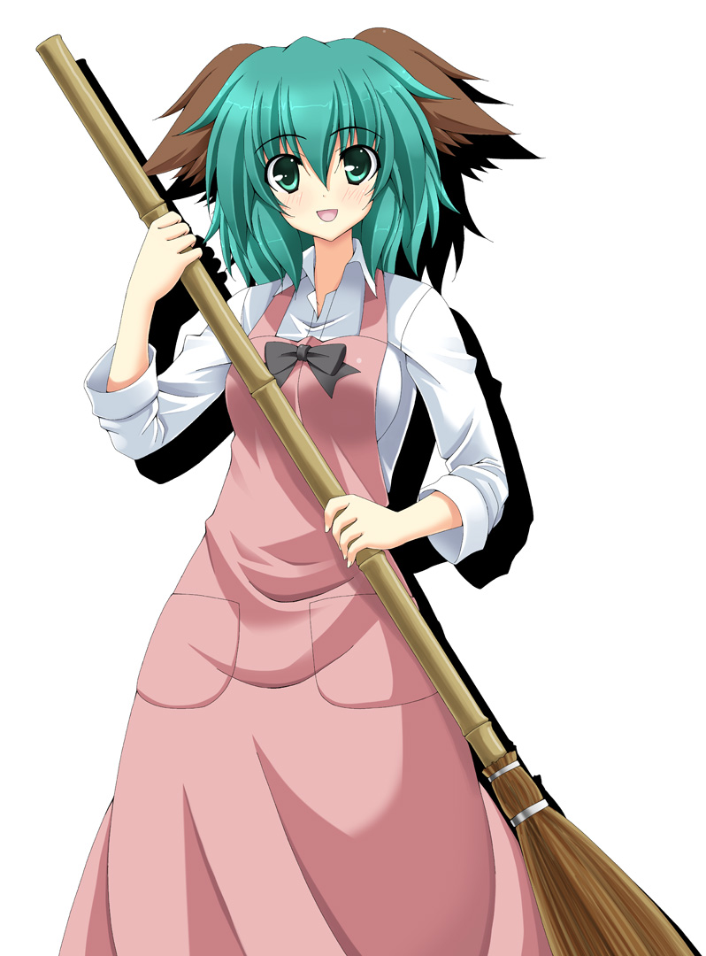 alternate_costume animal_ears apron bamboo_broom bow broom dress green_eyes green_hair kasodani_kyouko long_sleeves looking_at_viewer open_mouth rappa_(rappaya) shirt short_hair smile solo touhou waitress