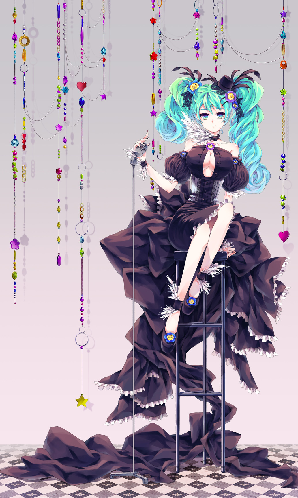 aqua_eyes aqua_hair breasts center_opening checkered checkered_floor choker cleavage dress flower hair_flower hair_ornament hairclip hatsune_miku highres large_breasts long_hair microphone microphone_stand sitting solo soso stool twintails vocaloid