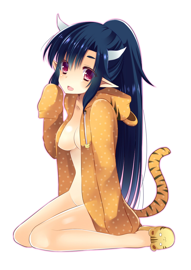 :d agekichi_(heart_shape) bad_id bad_pixiv_id black_hair bottomless breasts fang hood hood_down hoodie horns long_hair medium_breasts naked_hoodie no_bra open_clothes open_mouth original pointy_ears purple_eyes slippers smile solo tail