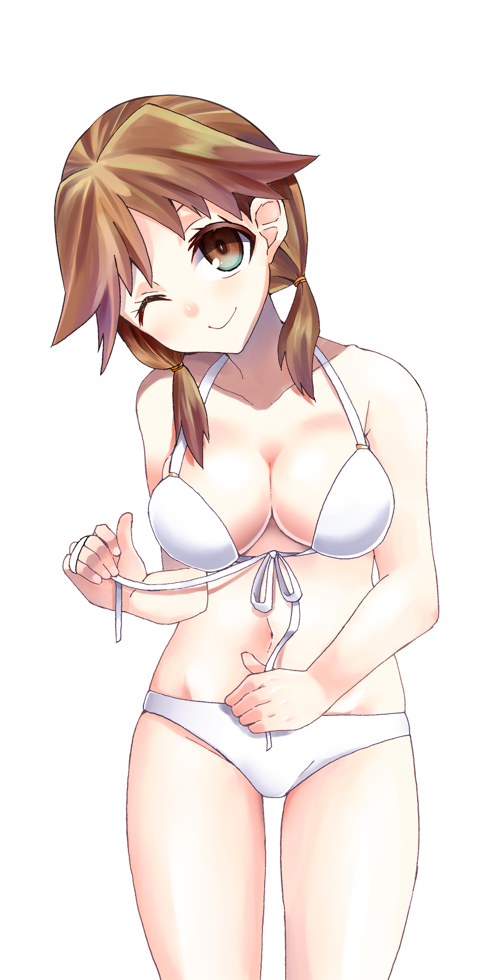 bikini blush breasts brown_eyes brown_hair front-tie_top highres idolmaster idolmaster_cinderella_girls katagiri_sanae large_breasts looking_at_viewer low_twintails one_eye_closed short_twintails smile solo swimsuit twintails untying yakou_(innocent_chapel)