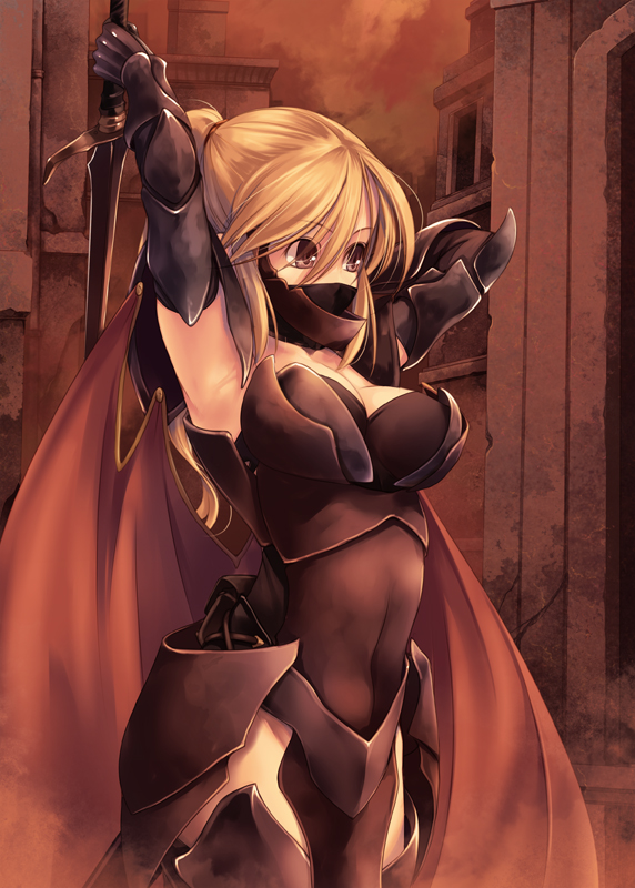 armor armpits arms_up blonde_hair breasts cape cleavage elbow_gloves face_mask gauntlets gloves greaves kirishima_satoshi large_breasts mask original ponytail red_eyes solo sword thighhighs weapon
