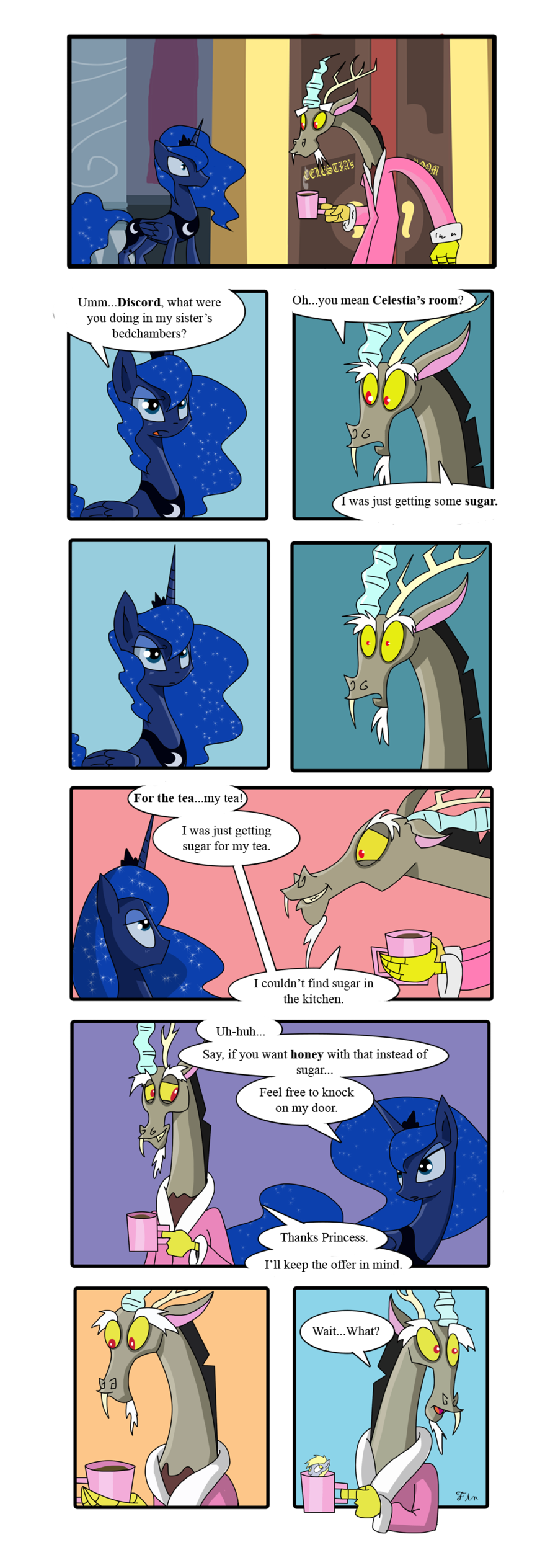 antler antlers blue_eyes blue_hair castle comic crown cup cutie_mark discord_(mlp) draconequus duo english_text equine female feral friendship_is_magic hair horn horse long_hair male mammal my_little_pony pony princess_luna_(mlp) red_eyes text thewormouroboros winged_unicorn wings