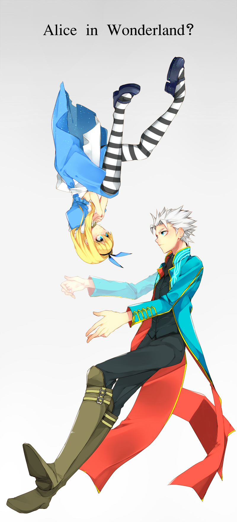 1girl alice_(wonderland) alice_in_wonderland apron blonde_hair blue_eyes boots bow devil_may_cry dress floating haine_(howling) hair_bow highres long_coat pantyhose striped striped_legwear vergil white_hair
