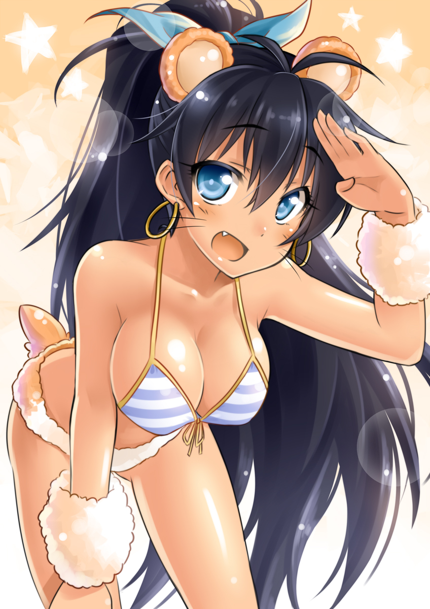 :d animal_ears bare_shoulders bent_over bikini black_hair blue_eyes blush breasts cleavage earrings fang front-tie_top fur ganaha_hibiki highres idolmaster idolmaster_(classic) jewelry kemonomimi_mode large_breasts leaning_forward long_hair okitakung open_mouth ponytail salute smile solo striped striped_bikini swimsuit tail tan very_long_hair
