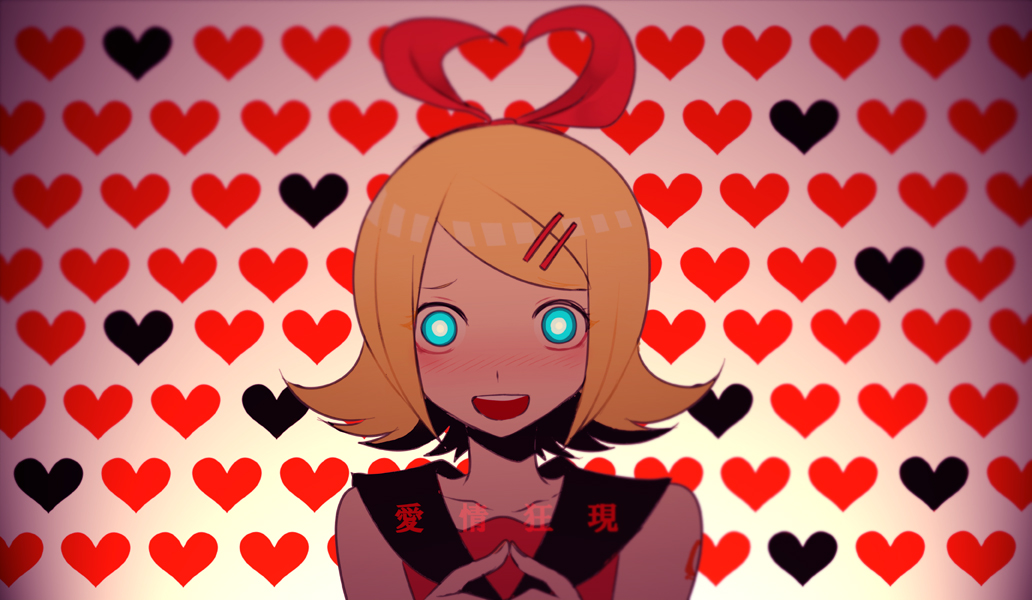 bad_id bad_pixiv_id banned_artist blonde_hair blush harano heart kagamine_rin looking_at_viewer open_mouth short_hair smile solo vocaloid