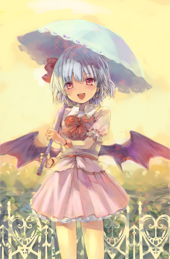 bat_wings blue_hair blush bow gloves hair_ribbon no_hat no_headwear nove_(legge) red_eyes remilia_scarlet ribbon short_hair skirt smile solo touhou umbrella wings