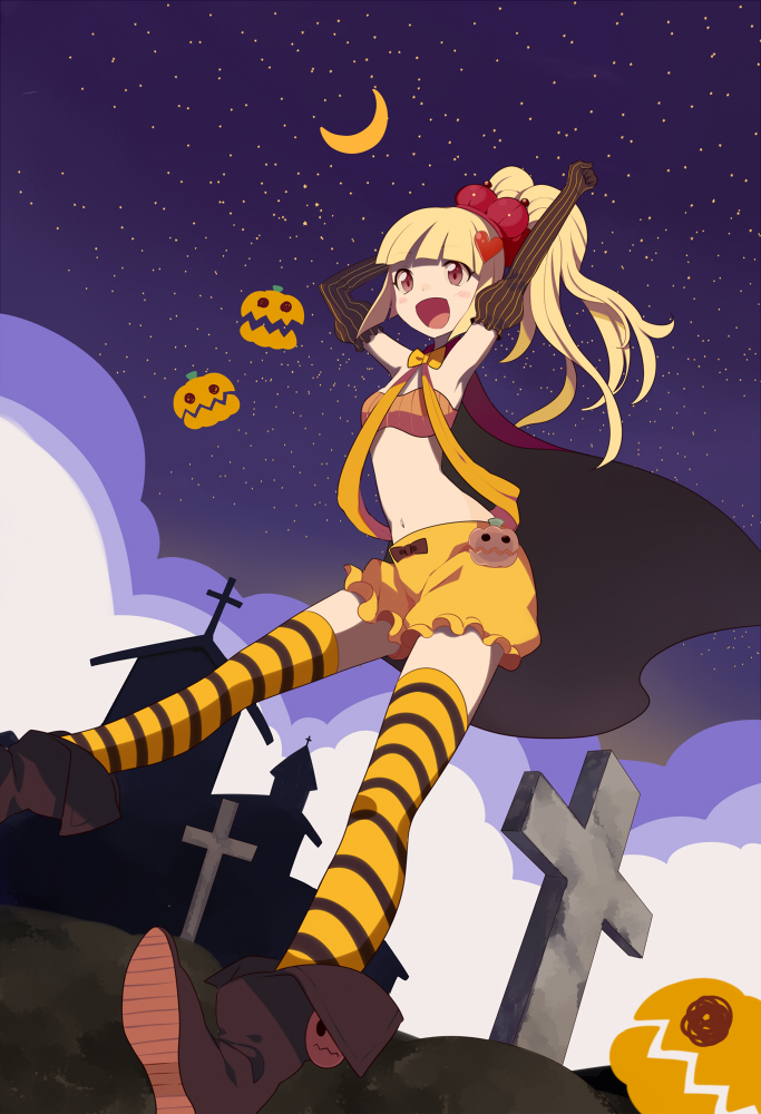 armpits arms_up bad_id bad_pixiv_id banned_artist blonde_hair cape crescent_moon cross harano heart jack-o'-lantern long_hair moon open_mouth original smile solo striped striped_legwear thighhighs