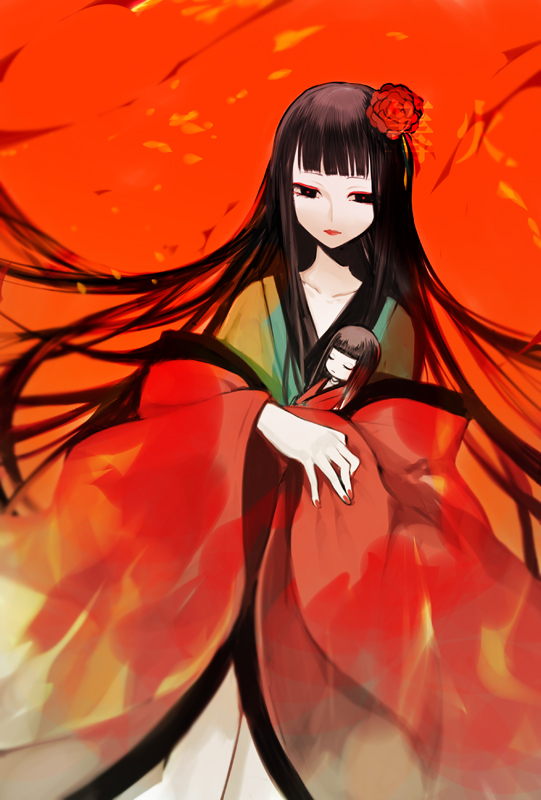 bad_id bad_pixiv_id banned_artist black_hair doll flower hair_flower hair_ornament harano long_hair solo vocaloid