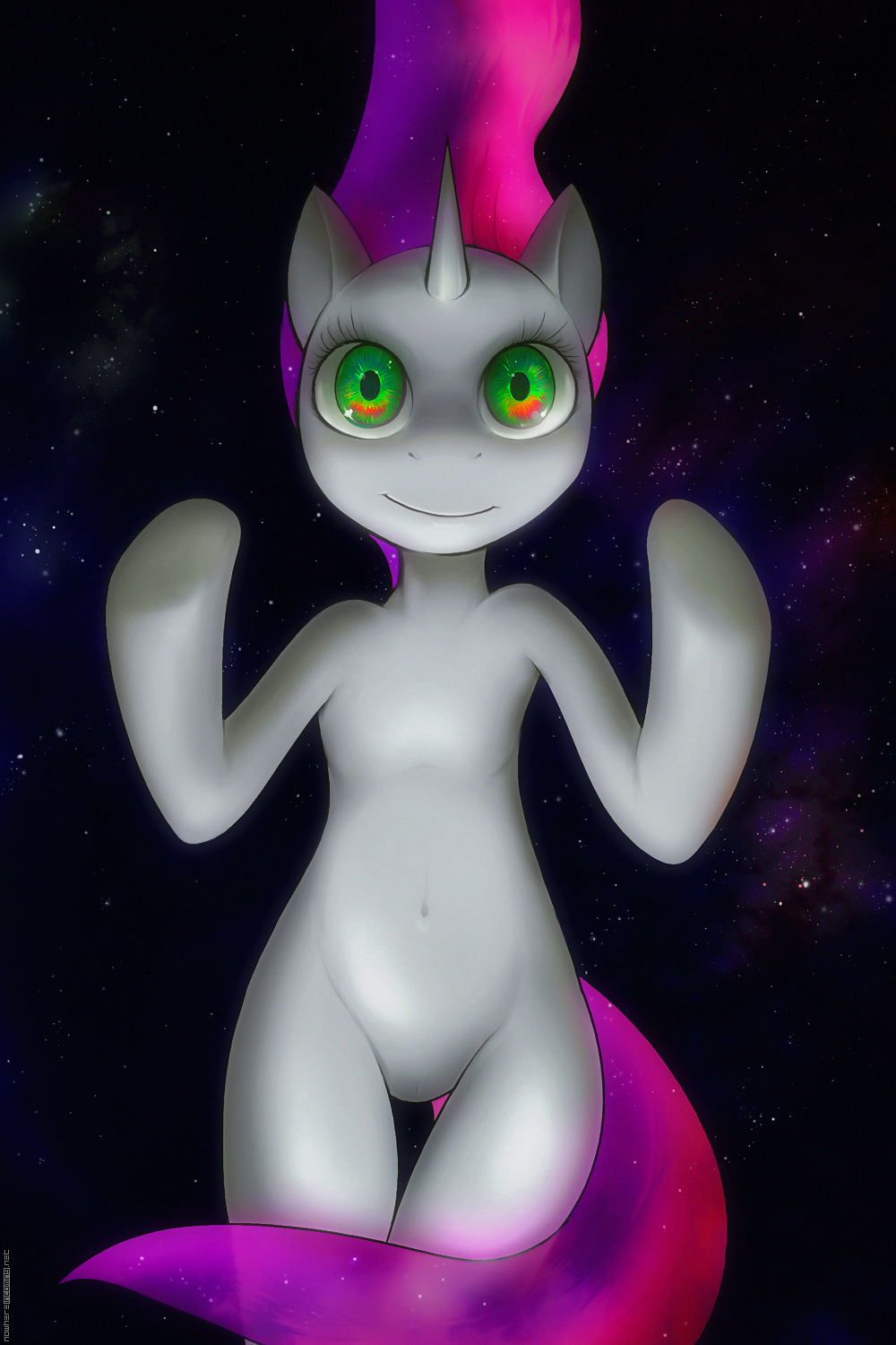 equine female feral friendship_is_magic fur green_eyes grey_fur hair hi_res horn looking_at_viewer mammal my_little_pony navel smile solo space stars sweetie_belle_(mlp) two_tone_hair unicorn