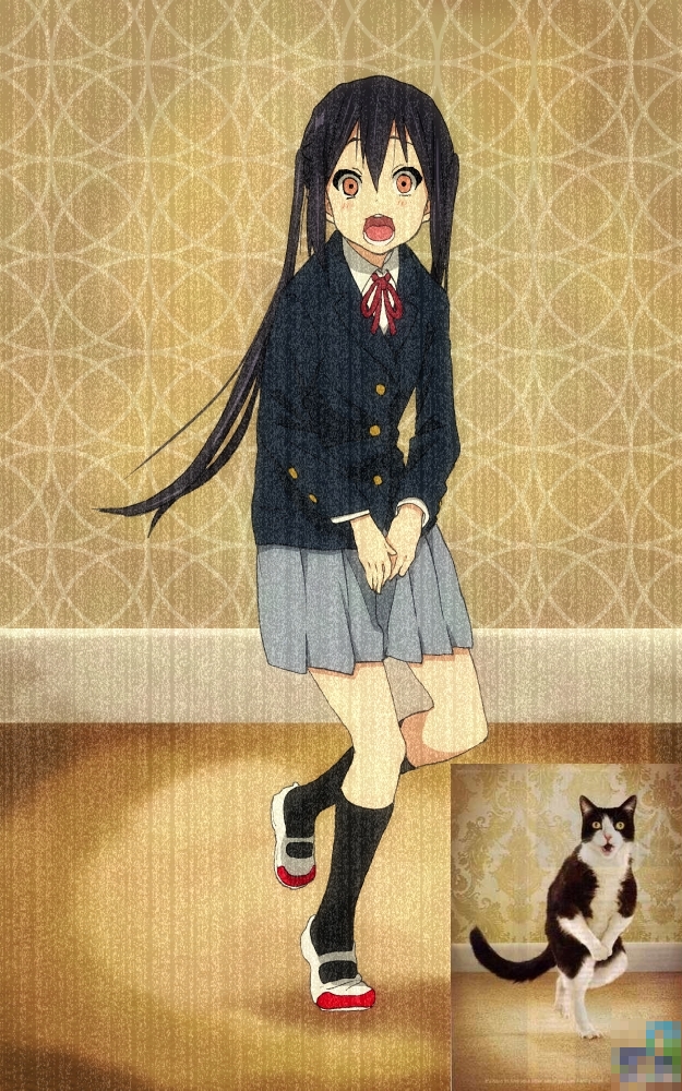 bad_id bad_pixiv_id black_hair black_legwear blazer cat censored commentary_request derivative_work empty_eyes film_grain have_to_pee horror_(theme) inset jacket k-on! looking_at_viewer mosaic_censoring nakano_azusa open_mouth orange_eyes parody pleated_skirt reference_photo reference_photo_inset sakuragaoka_high_school_uniform school_uniform shippou_(pattern) shoes skirt socks standing standing_on_one_leg twintails uwabaki watanore