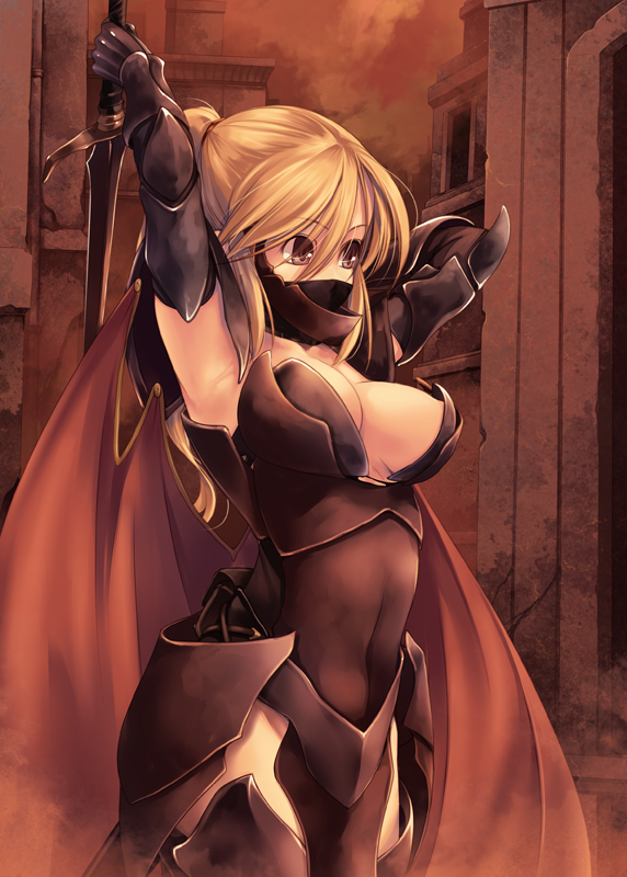 armor armpits arms_up blonde_hair breasts cape cleavage elbow_gloves face_mask gauntlets gloves greaves kirishima_satoshi large_breasts mask original ponytail red_eyes solo sword thighhighs weapon