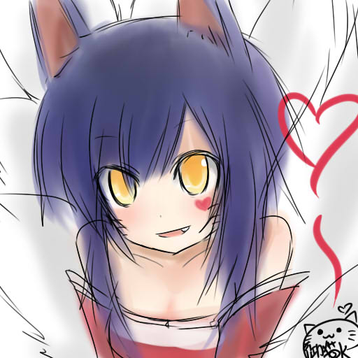 :d ahri animal_ears blush facial_mark fang fox_ears fox_tail heart kumiho league_of_legends looking_at_viewer multiple_tails neko_baby open_mouth signature smile solo tail whisker_markings yellow_eyes