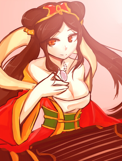 bad_id bad_pixiv_id bare_shoulders breasts brown_hair chinese_clothes cleavage collarbone dress guqin guqin_sona hagoromo hanfu instrument large_breasts league_of_legends long_sleeves off_shoulder orange_eyes pink_background sash shawl simple_background solo sona_buvelle syoppaiyo twintails upper_body