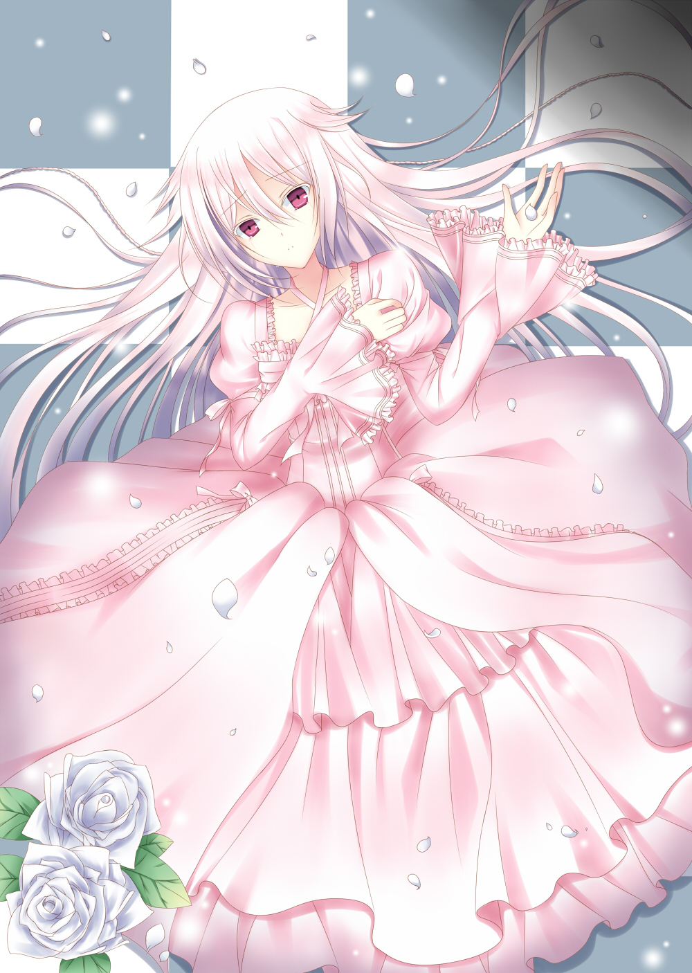 1girl dress flower highres lying lying_down pandora_hearts peach-rozen petal petals red_eyes rose silver_hair solo will_of_the_abyss