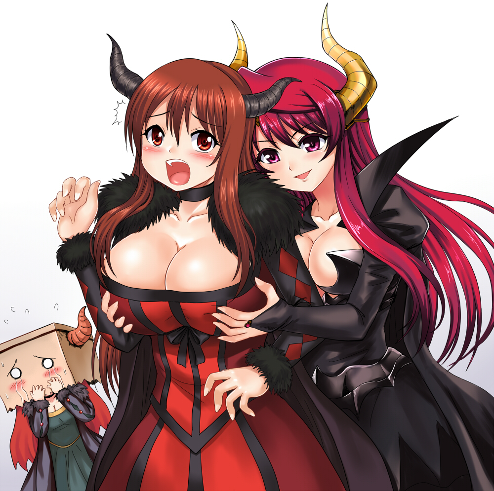 argyle bag bag_over_head black_dress blush breast_grab breasts bridal_gauntlets brown_eyes brown_hair choker cleavage demon_girl demon_horns dress dual_persona grabbing horns huge_breasts large_breasts long_hair maou_(maoyuu) maoyuu_maou_yuusha multiple_girls multiple_persona open_mouth paper_bag red_dress red_eyes red_hair white_background y.ssanoha