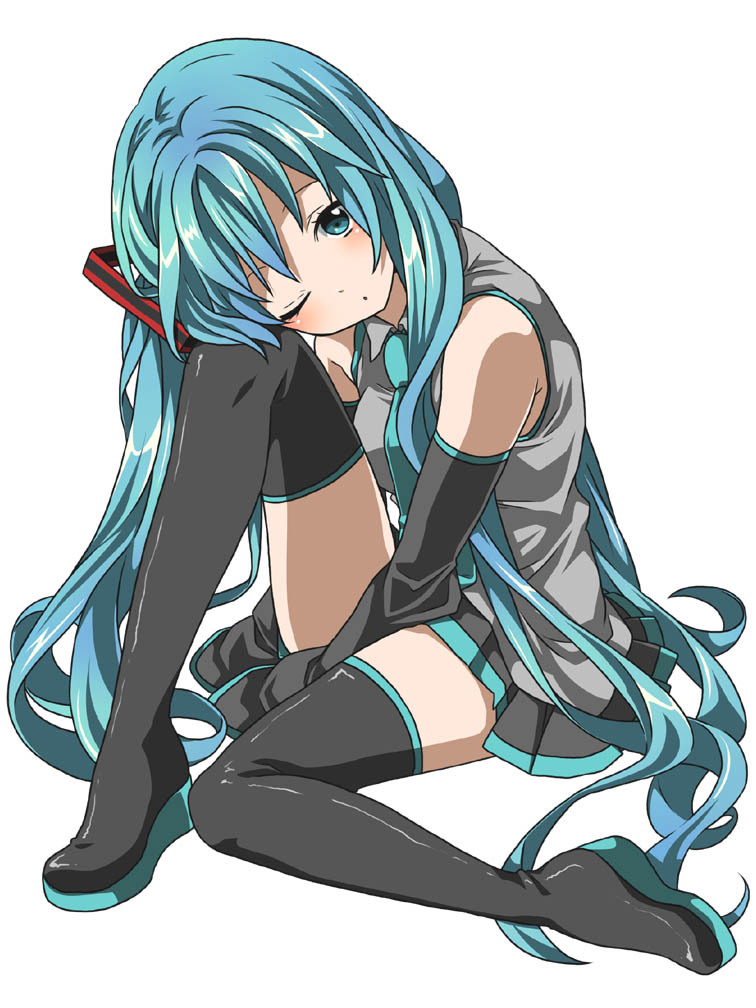 aqua_eyes aqua_hair boots detached_sleeves hatsune_miku long_hair mary0524 necktie one_eye_closed simple_background sitting skirt solo thigh_boots thighhighs twintails very_long_hair vocaloid white_background