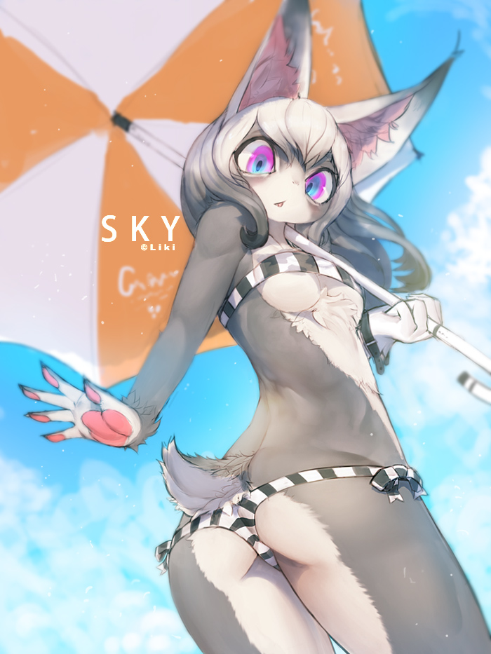 big_ears bikini blue_sky bra breasts bunny_tail butt chest_tuft cleavage clothed clothing cloud clouds countershading depth_of_field ears_up english_text female fingers fur grey_hair hair hand hand_pads lagomorph liki long_hair looking_at_viewer looking_down low-angle_shot mammal open_mouth panties panty_shot perspective rabbit shocked sky solo stripes surprise swimsuit teeth text tight_clothing tooth tuft two_tone_eyes umbrella under_boob underwear