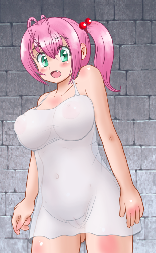 1girl blush breasts copyright_request dress duke green_eyes nipples open_mouth pink_hair pussy see-through solo sundress uncensored