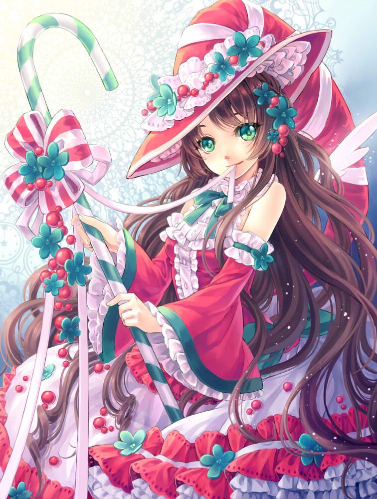 brown_hair candy candy_cane christmas detached_sleeves dress flower food green_eyes hair_ornament hat long_hair maple original smile solo wings