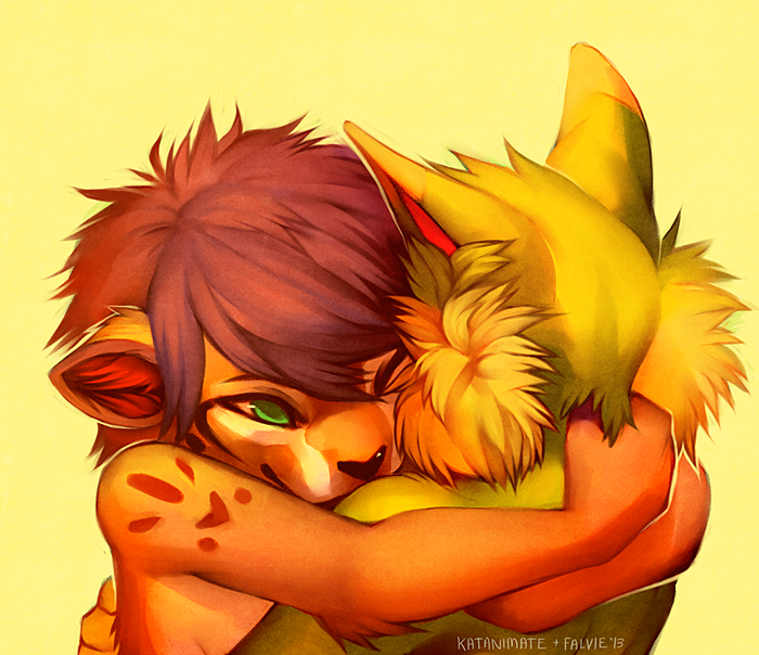 anthro canine duo falvie falvie_(character) fionbri fur green_eyes green_fur hug katanimate mammal orange_fur