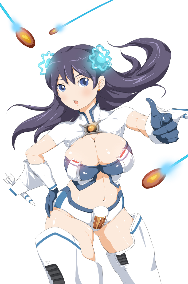 :o bigwednesday black_hair blue_eyes breasts cleavage cleavage_cutout cowboy_shot earrings finger_gun gloves gradius hair_ornament halterneck hand_on_hip highres jewelry large_breasts laser long_hair mecha_musume midriff missile navel personification simple_background solo thighhighs thighs vambraces vic_viper white_background wings