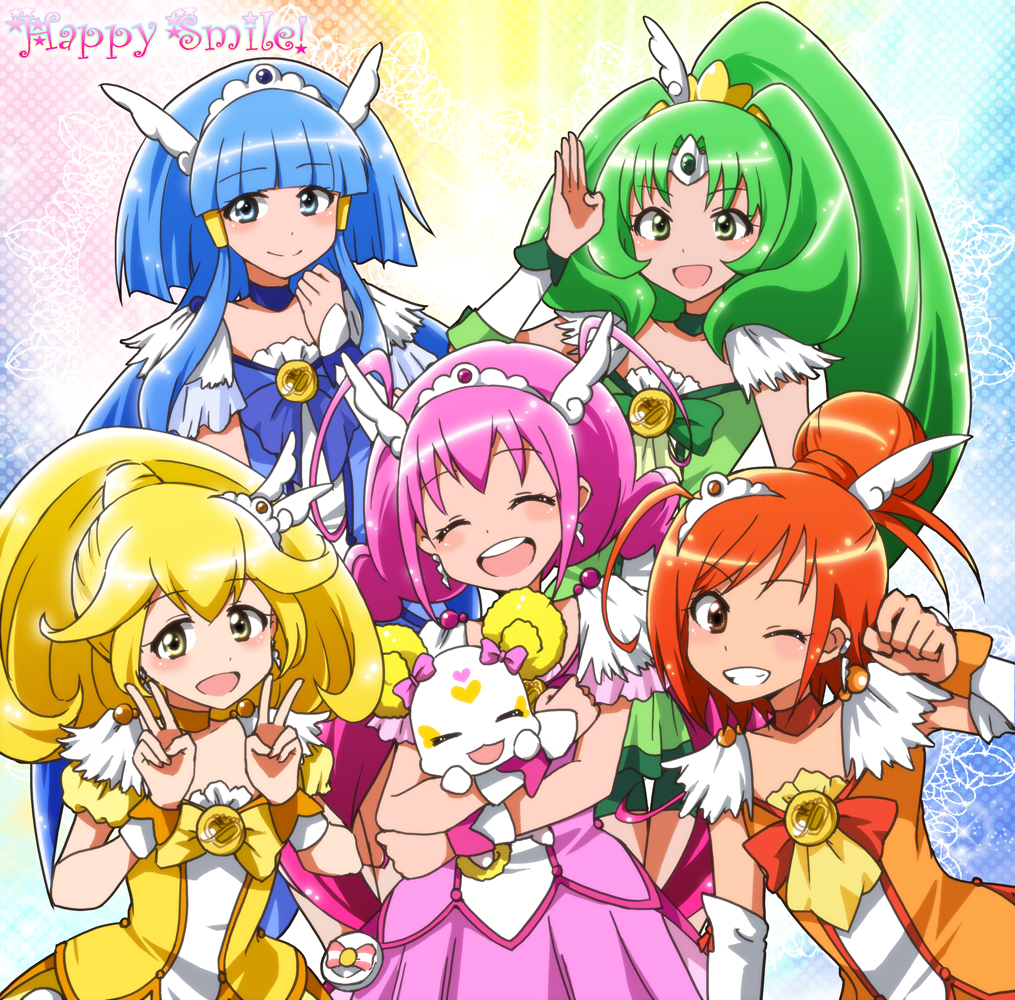 :d aoki_reika blonde_hair blue_eyes blue_hair blush bow candy_(smile_precure!) choker closed_eyes creature cure_beauty cure_happy cure_march cure_peace cure_sunny double_v earrings elbow_gloves english gloves green_choker green_eyes green_hair grin hair_flaps hair_tubes head_wings hino_akane_(smile_precure!) hoshizora_miyuki jewelry kidachi kise_yayoi long_hair magical_girl midorikawa_nao multiple_girls one_eye_closed open_mouth orange_choker orange_eyes orange_hair pink_bow pink_hair pink_skirt ponytail precure skirt smile smile_pact smile_precure! tiara tri_tails twintails v wrist_cuffs yellow_bow yellow_eyes