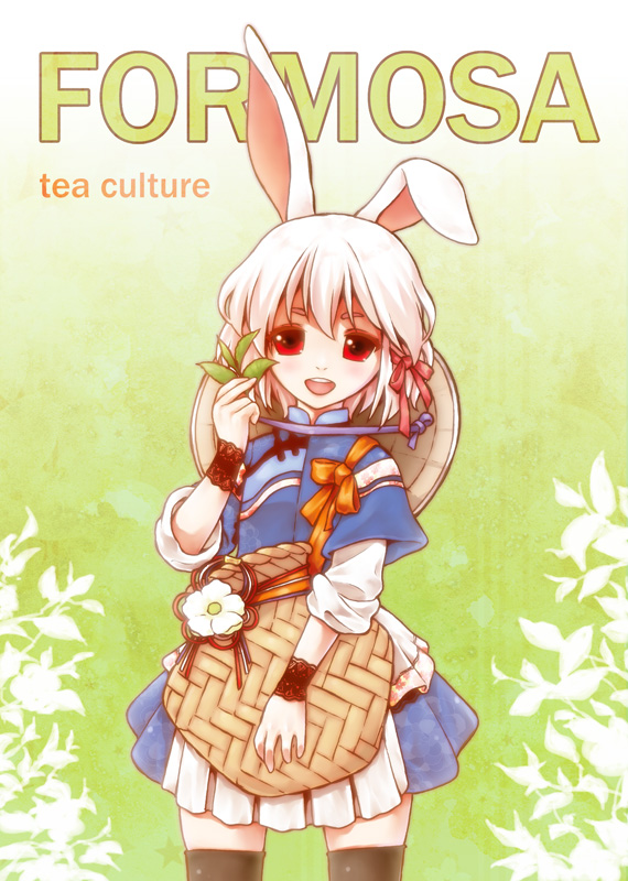 acea4 animal_ears basket black_legwear blush bunny_ears dress flower hat leaf looking_at_viewer open_mouth original red_eyes rice_hat short_hair sleeves_rolled_up smile solo tea_plant thighhighs zettai_ryouiki