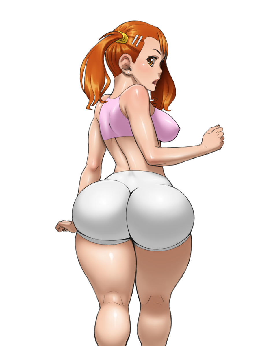 anjou_naruko ano_hi_mita_hana_no_namae_wo_bokutachi_wa_mada_shiranai. ass back breasts crop_top curvy earrings from_behind hair_ornament hairclip highres huge_ass jewelry large_breasts long_hair nikcesco open_mouth orange_eyes orange_hair shorts skin_tight solo stud_earrings thick_thighs thighs transparent_background twintails wide_hips