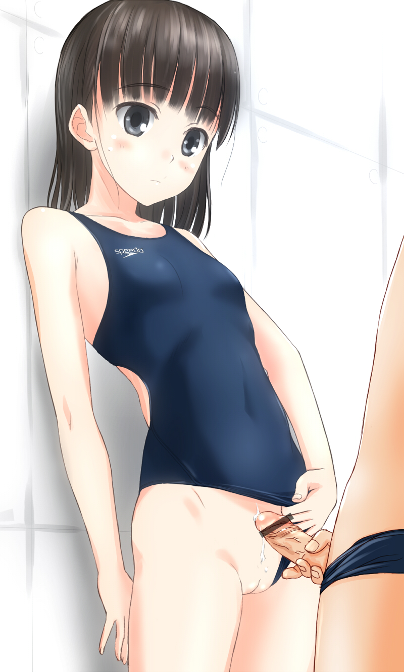 1girl bangs bar_censor bare_shoulders black_eyes black_hair blush censored clothes_writing competition_swimsuit flat_chest hetero highres leaning_back one-piece_swimsuit original penis precum pussy short_hair speedo_(company) swimsuit swimsuit_aside takafumi