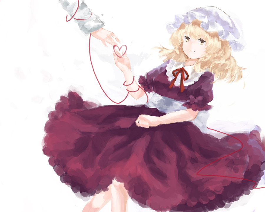 blonde_hair dress hat heart lying maribel_hearn outstretched_hand puffy_short_sleeves puffy_sleeves purple_dress red_string ribbon short_hair short_sleeves solo string touhou weast white_background