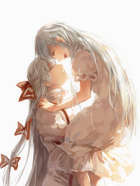 bad_id bad_pixiv_id blue_hair bow carrying closed_eyes dress fancybetty fujiwara_no_mokou hair_bow kamishirasawa_keine long_hair multiple_girls no_hat no_headwear open_mouth profile silver_hair simple_background smile suspenders touhou upper_body very_long_hair
