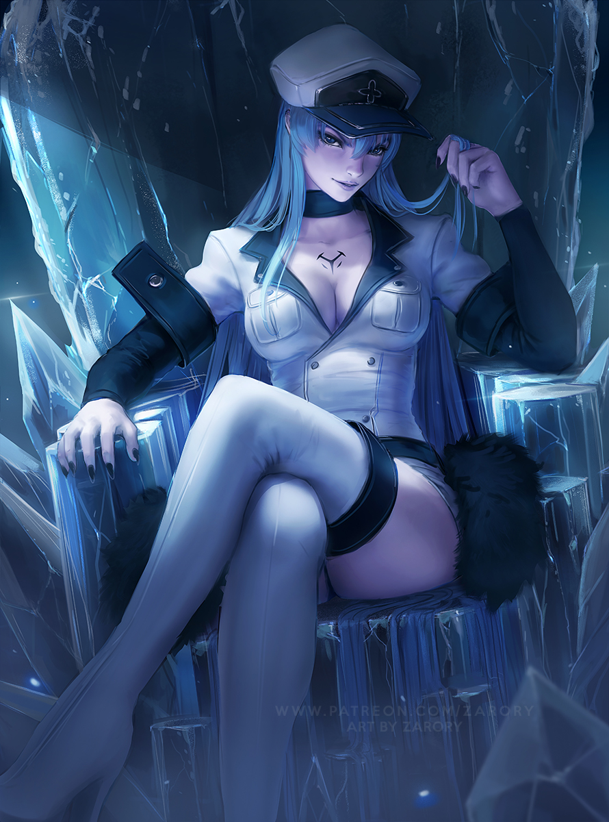 1girl akame_ga_kill! bangs black_nails blue_eyes blue_hair boots breasts choker cleavage esdeath frost hair_between_eyes hat high_heels highres holding holding_hair ice large_breasts legs_crossed long_hair looking_at_viewer military military_uniform nail_polish parted_lips peaked_cap pinup sitting smile solo tattoo thigh_boots thighhighs thighs throne uniform very_long_hair zarory