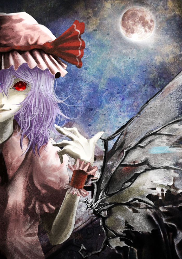 bat_wings blouse full_moon hat hat_ribbon lavender_hair light_smile looking_at_viewer mob_cap moon night night_sky out_of_frame pale_skin puffy_short_sleeves puffy_sleeves red_eyes remilia_scarlet ribbon ross_(clumzero) short_hair short_sleeves sky solo torn_wings touhou upper_body wings wrist_cuffs